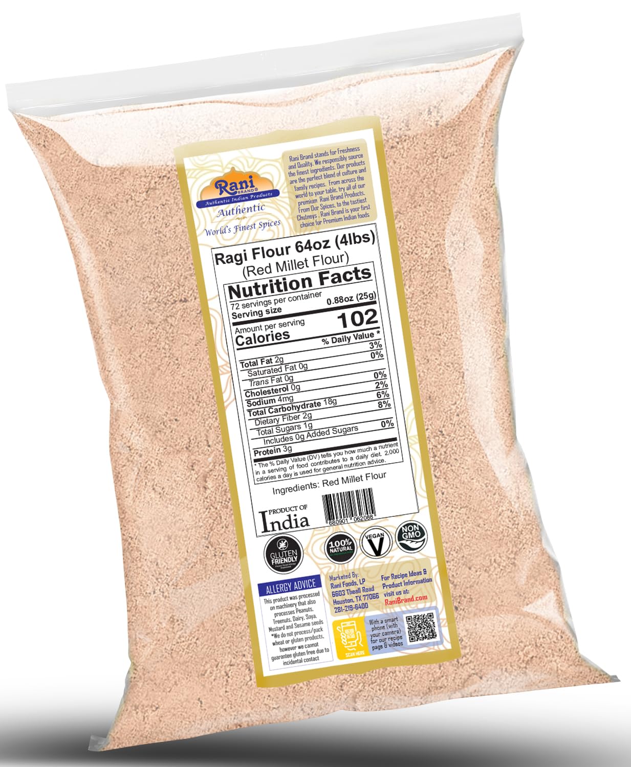 Rani Ragi (Finger Millet) Flour 64oz (4lbs) 1.81kg Bulk ~ All Natural | Vegan | Gluten Friendly | NON-GMO | Kosher | Indian Orig