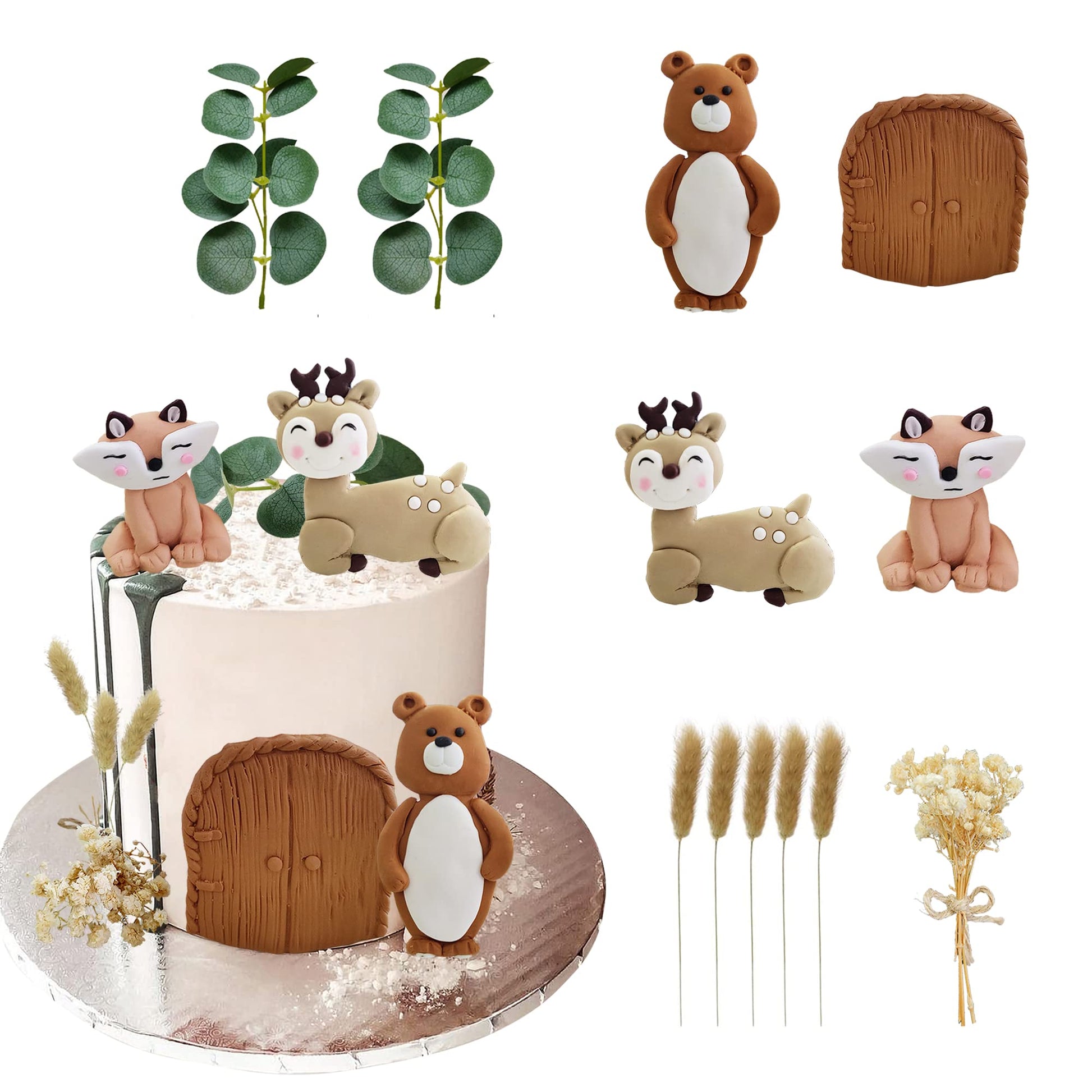 Forest Woodland Animal Cake Toppers Fox Bear Deer Flower Cake Decorations For Oh Baby Woodland Themed Birthday Party (Leaves)