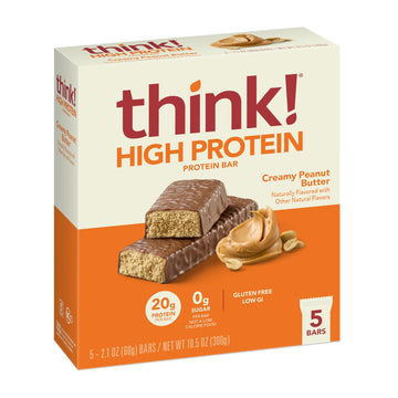 Think! Protein Bars, High Protein Snacks, Gluten Free, Kosher Friendly, Creamy Peanut Butter, Nutrition Bars, 2.1 Oz Per Bar, 30