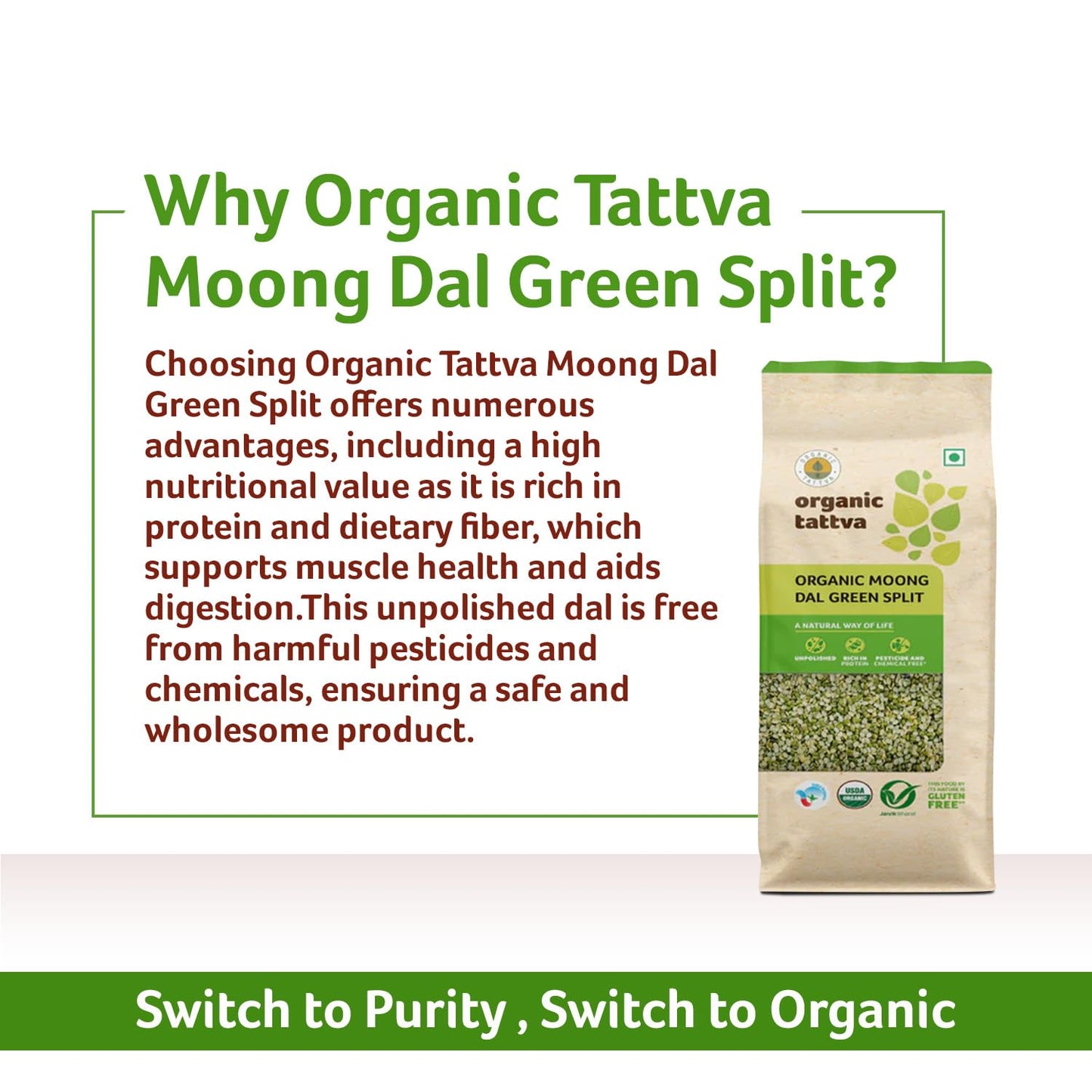 Organic Tattva, Organic Green Moong Dal Split - 500 Gram | 100% Vegan, Gluten Free And No Preservatives