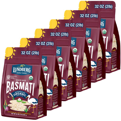 Lundberg White Basmati Rice, Regenerative Organic Certified, 6-Pack - Non-Sticky, Fluffy & Aromatic Long-Grain Rice, Responsibly