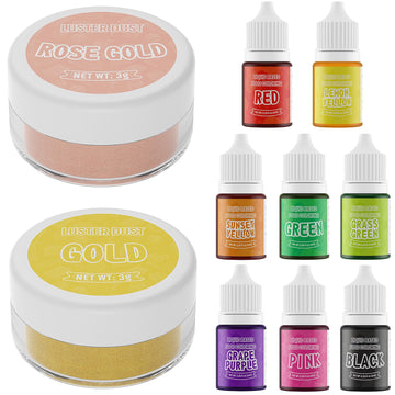 Luster Dust and 8 Color Food Coloring Set, Food Coloring Liquid and Shimmer Cake Dust Metallic Food Coloring Powder Glitter for 