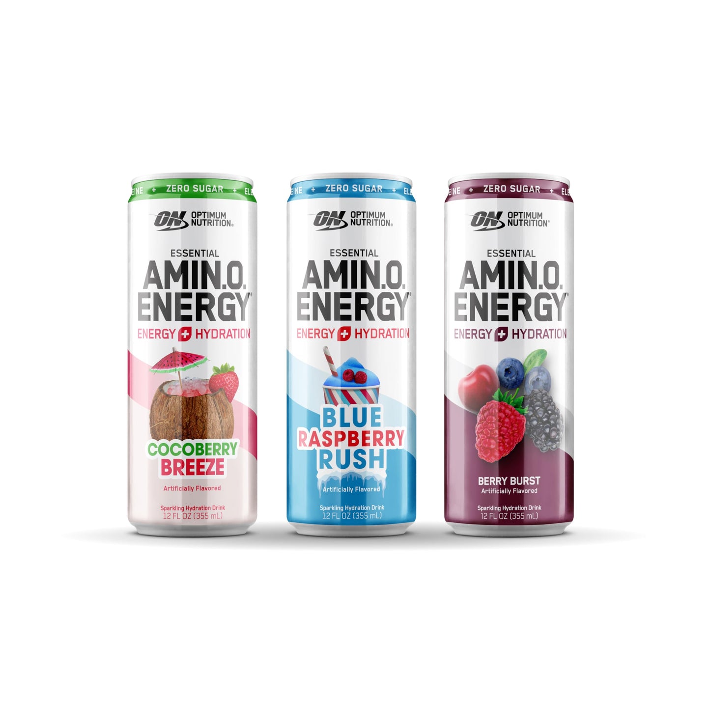 Optimum Nutrition Amino Energy Sparkling Hydration Drink  Electrolytes  Caffeine  Amino Acids  BCAAs  Sugar Free  12 Fl Oz  Berry Variety Pack of 12 (Packaging May Vary)