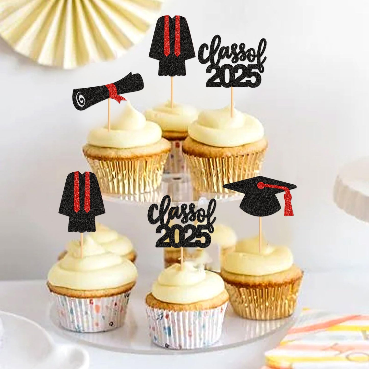 Keaziu 24 Pack Graduation Cupcake Toppers Class Of 2025 Red Graduation Hat Picks for Birthday Party Supplies