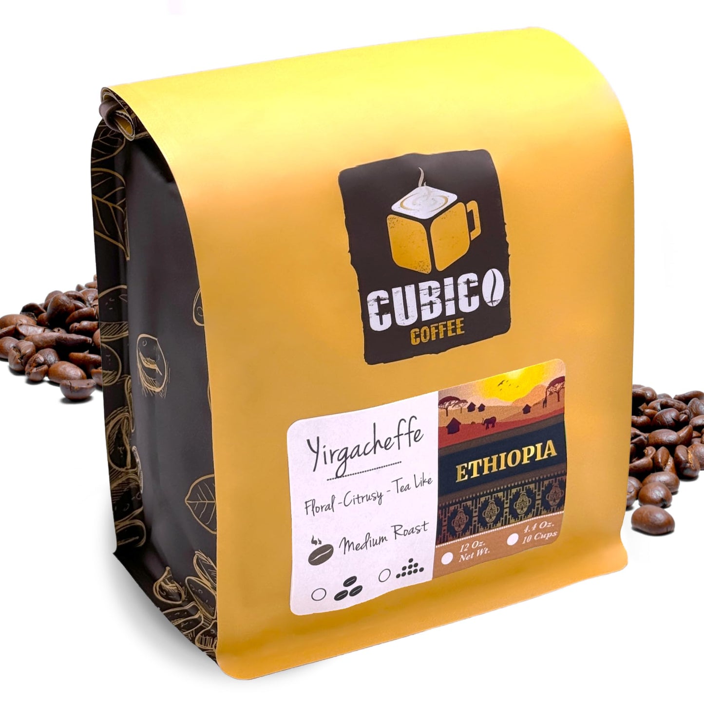 Cubico Coffee Ethiopian Yirgacheffe Whole Bean Coffee - Premium Fresh Roasted Coffee - 12 Ounce Bag