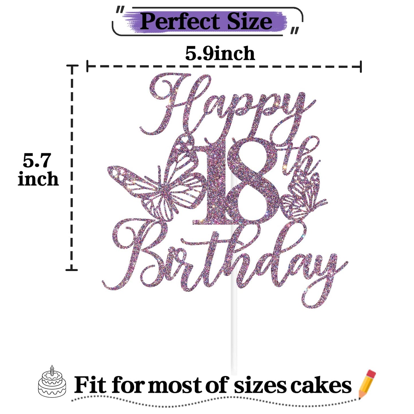 We Can Bearly Wait Purple Glitter 18th Birthday Cake Topper, Butterfly Theme, 6x8.7 inches, Paper