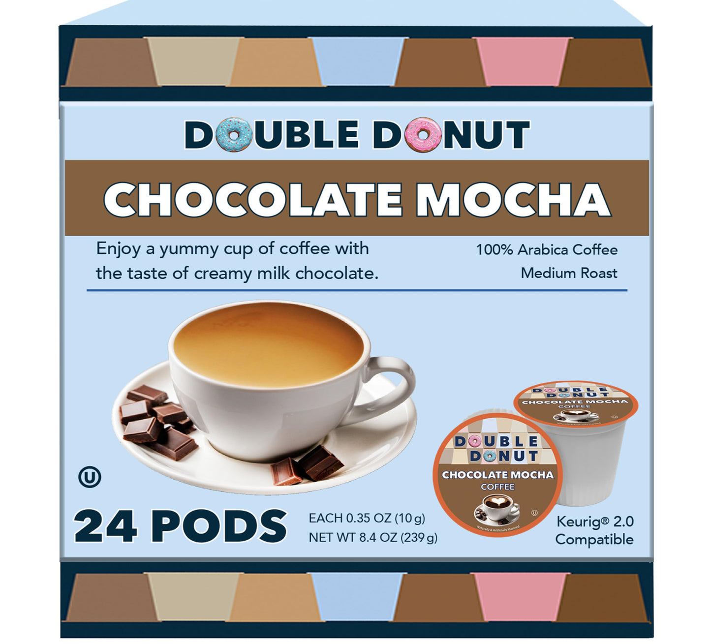 Double Donut Coffee Chocolate Flavored Coffee Pods, 24 Count, Compatible with Keurig K Cups, Recyclable, Brown