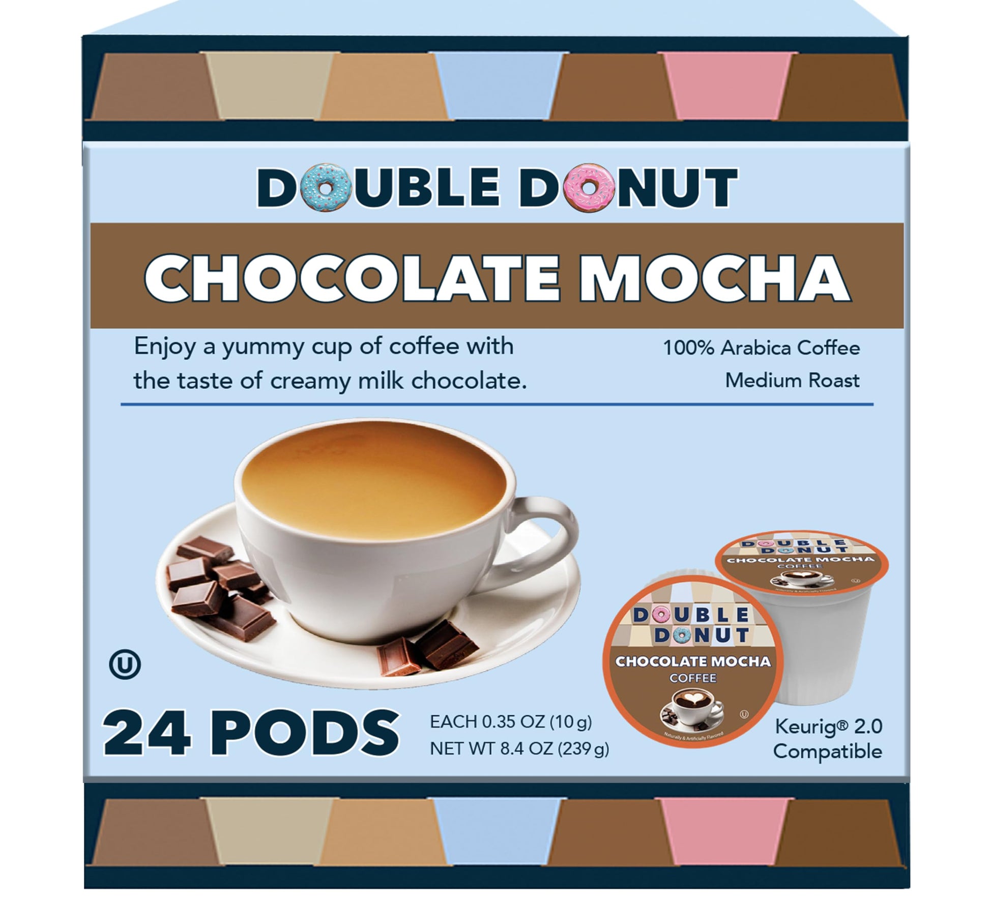 Double Donut Coffee Chocolate Flavored Coffee Pods, 24 Count, Compatible with Keurig K Cups, Recyclable, Brown