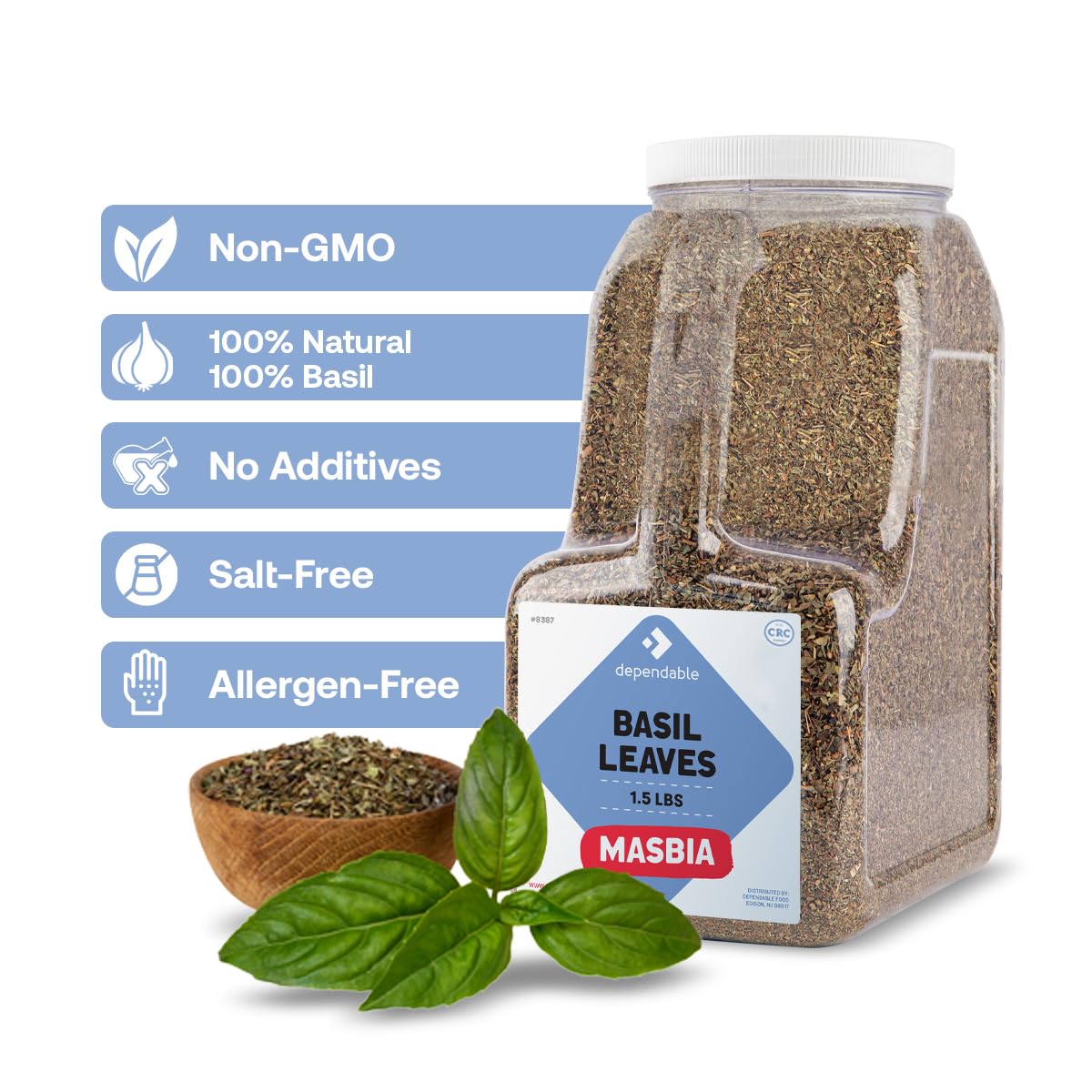 Dependable Food Basil Leaves -1.5 Lb. Jar- Bulk, Kosher, Dried Basil Seasoning for Pasta Sauces, Pesto, Salads, Garnishes & More