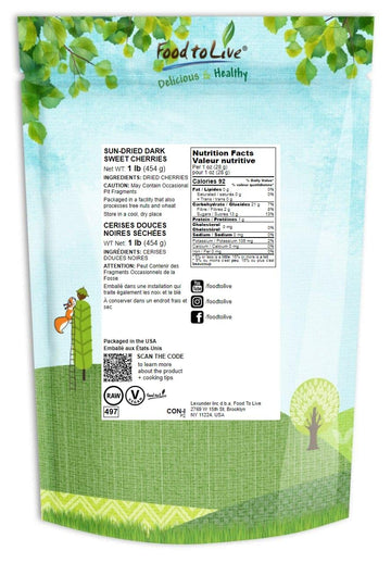 Food To Live Sun-Dried Dark Sweet Cherries, 1 Pound - Unsweetened Whole Raw Pitted Fruits, Unsulfured, No Added Oil, Sugar Or Pr