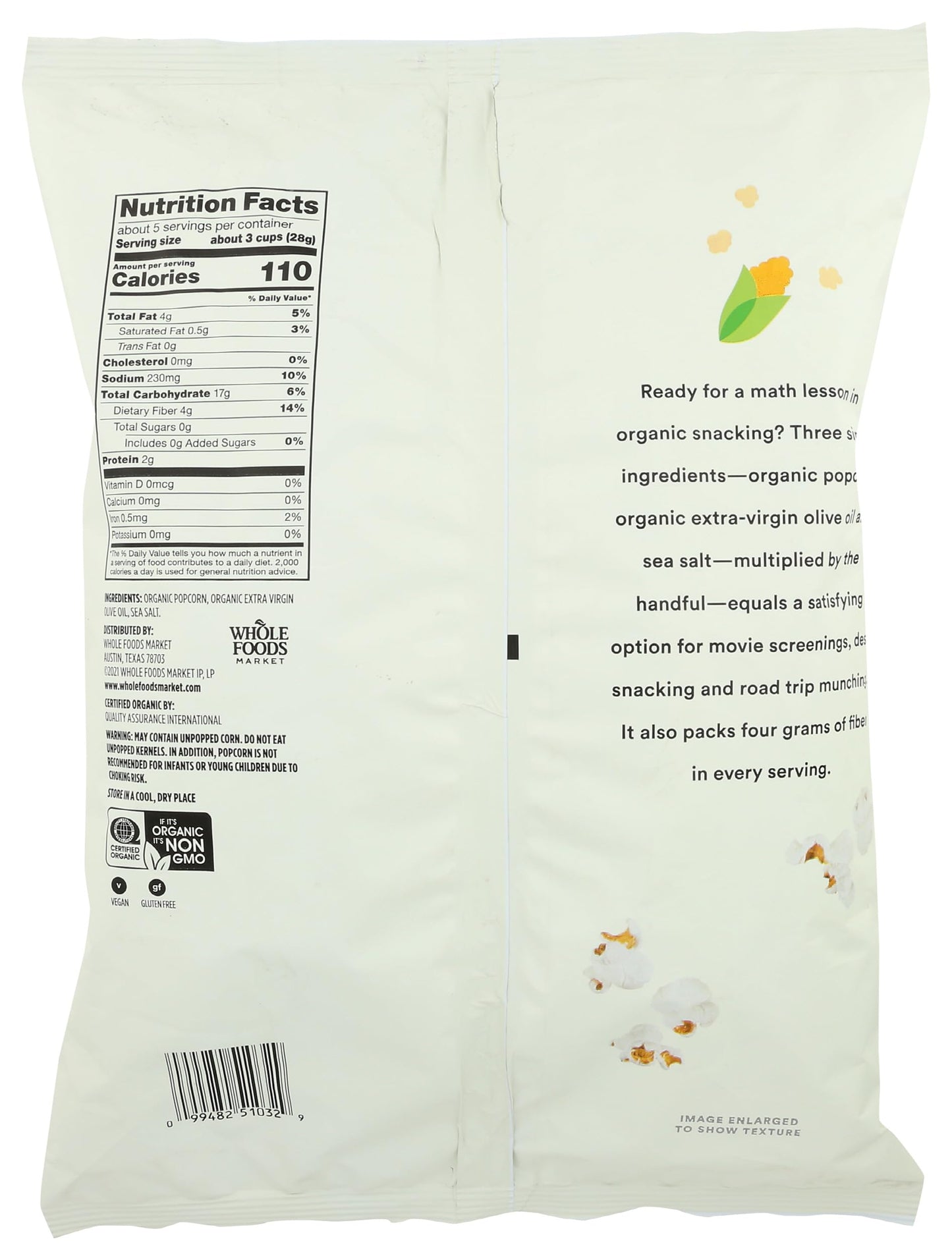365 by Whole Foods Market Organic Extra Virgin Olive Oil Popcorn, 5 OZ - Sea Salt Flavor, Snack Size