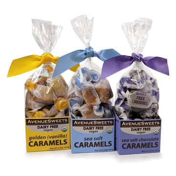 Avenuesweets - Handcrafted Dairy-Free Vegan Individually Wrapped Soft Caramels - 3 X 5.2 Oz Boxes - Trio