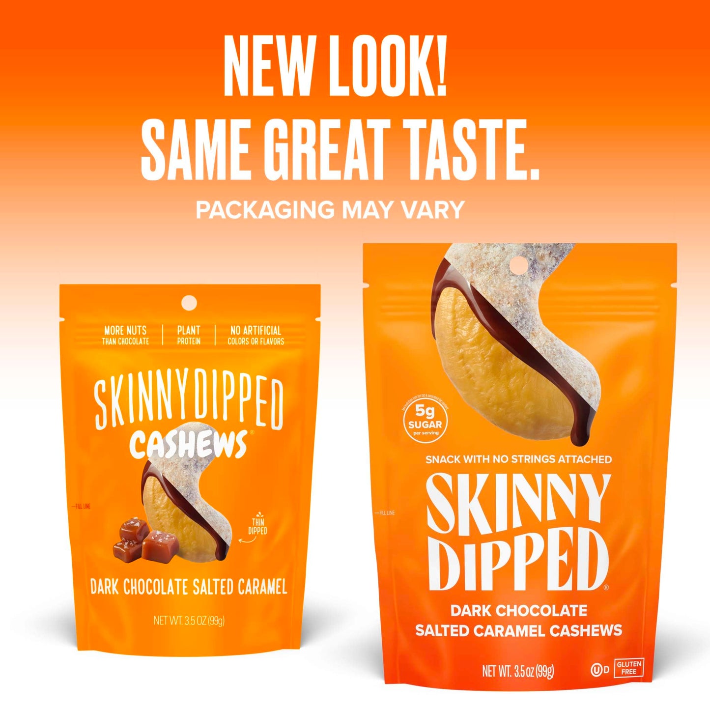 SkinnyDipped Salted Caramel Cashews, Healthy Snack, Plant Protein, Gluten Free, 3.5oz Resealable Bags, Pack of 5
