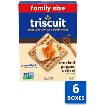 Triscuit Cracked Pepper & Olive Oil Whole Grain Wheat Crackers, Family Size, 6 - 12.5 Oz Boxes
