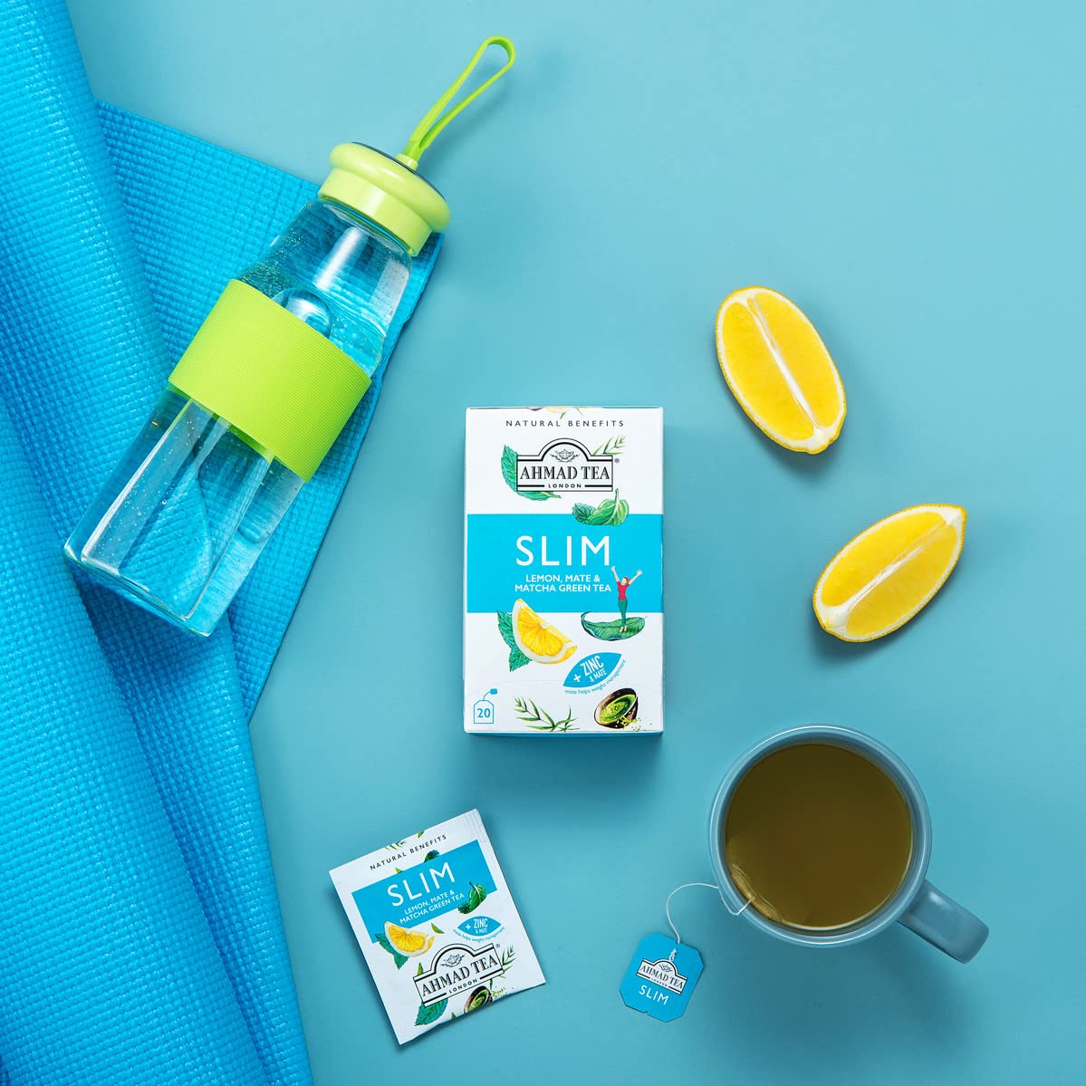 Ahmad Tea Green Tea Teabags, Slim Blend with Lemon, Mate & Matcha, 20 Count, Caffeinated & Sugar-Free, Model 2035-U