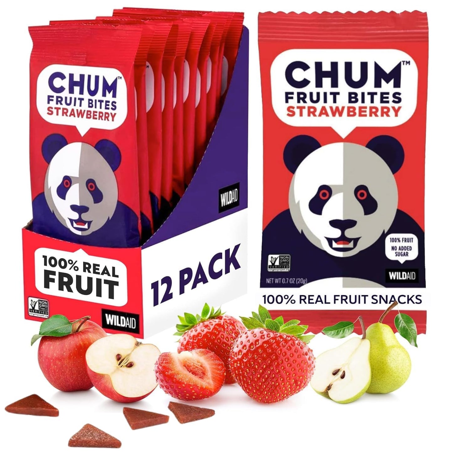 Chum Fruit Bites 100% Real Fruit Snacks-Strawberry, 12-Pack | Non-GMO, No Added Sugar or Preservatives | Healthy Snack | Top 12 