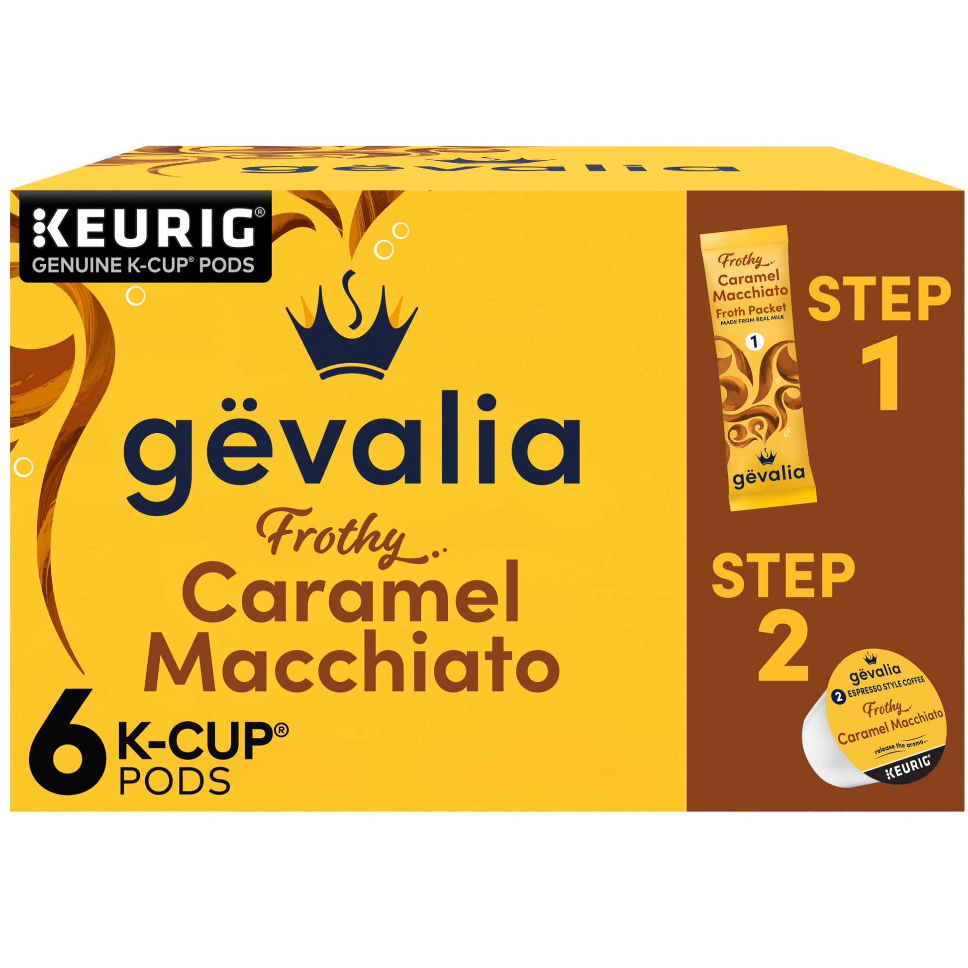 Gevalia Frothy 2-Step Caramel Macchiato Espresso Keurig K-Cup Coffee Pods & Froth Packets Kit (6 Ct Box)