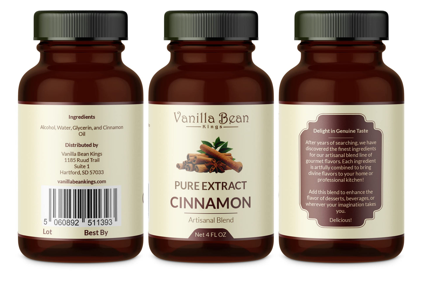Vanilla Bean Kings Pure Cinnamon Extract - Premium Quality Natural Flavoring for Baking - 4 fl oz