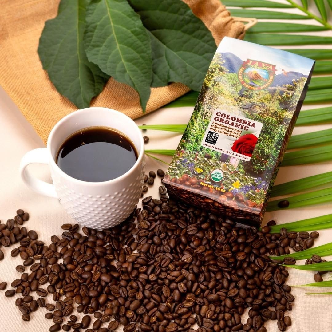 Low Acid Organic Coffee – Whole Bean, Mold-Free & Stomach Friendly By Java  T, Colombian Single Origin, Medium Dark Roast, Smooth Full Flavored, 2X1Lb Bag