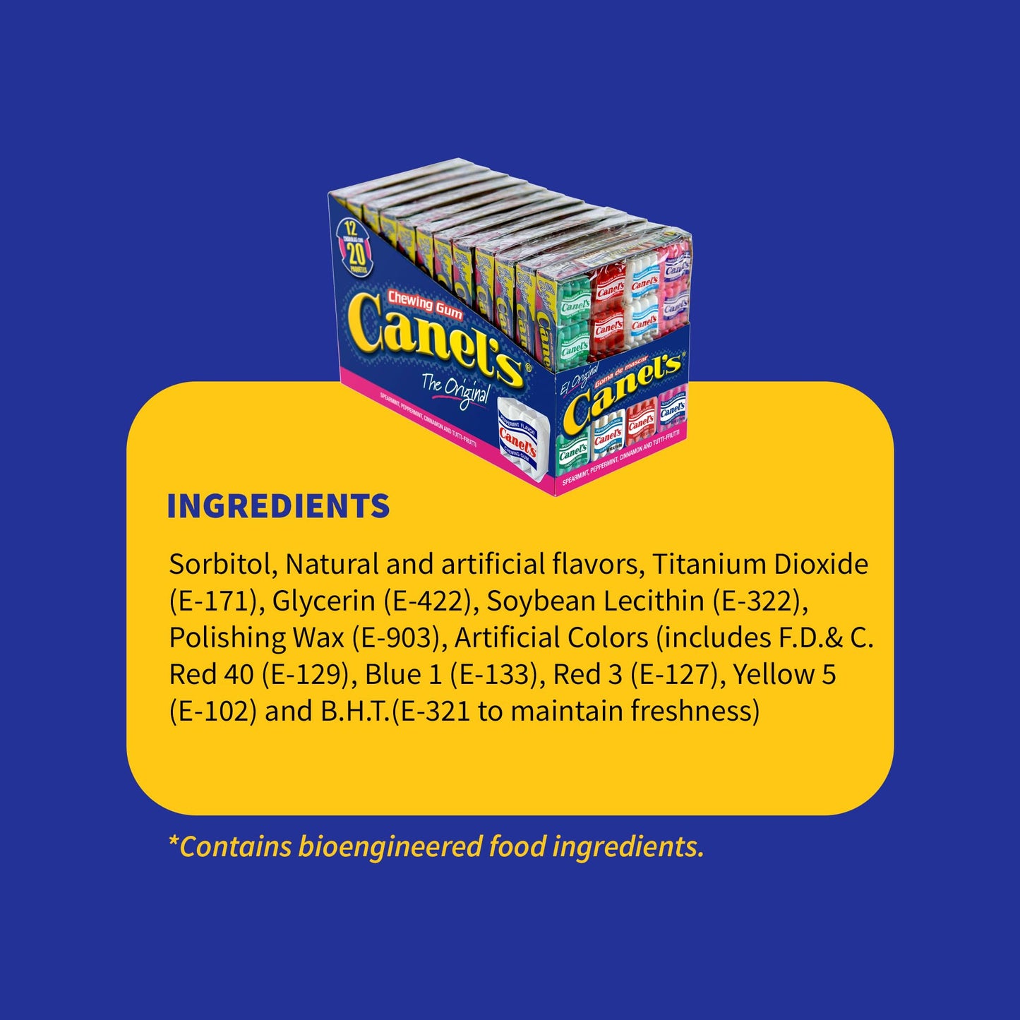 Canels 4-Piece Gum Pack Display in Original Flavors - Peppermint  Spearmint  Cinnamon  Fruit  Blueberry  Violet  and Menthol  240 Count