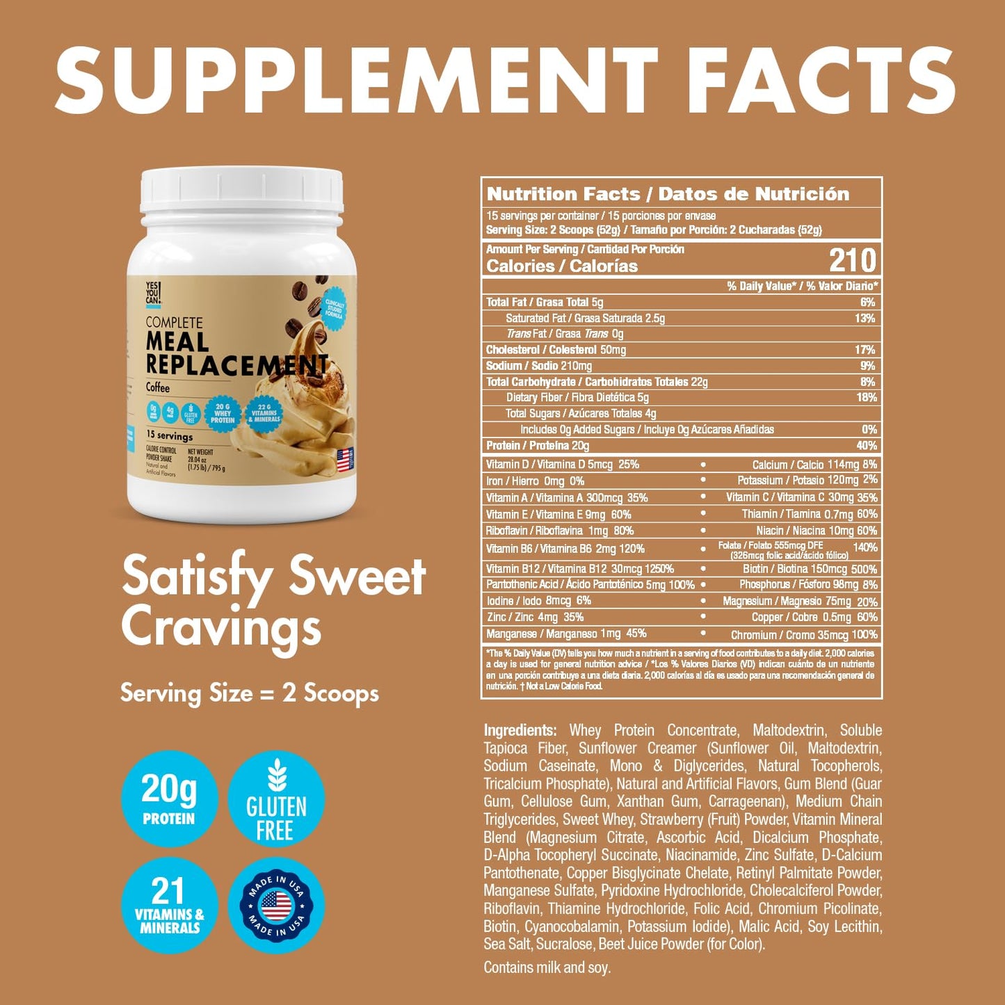 Yes You Can! Meal Replacement Shake - 30 Servings, 20g Protein, 0g Added Sugars, Coffee Flavor