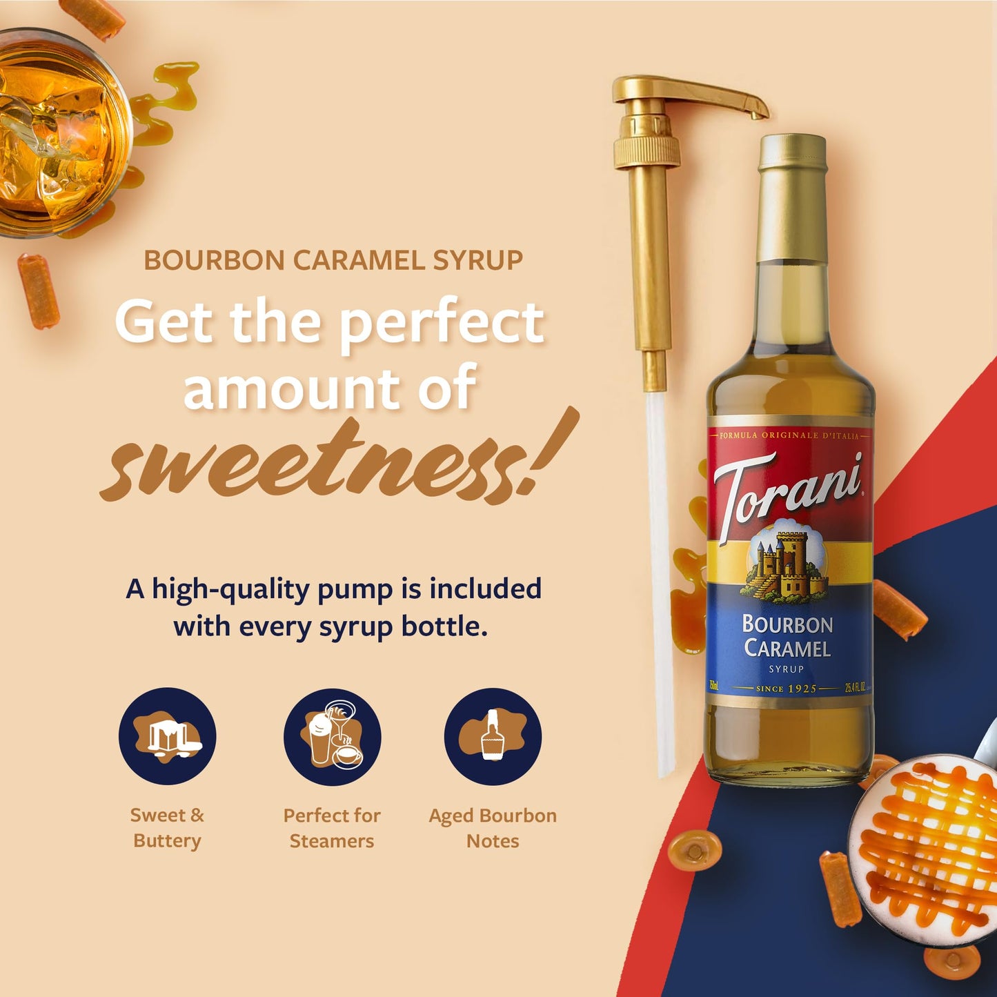 Torani Coffee Syrup, spirit-inspired flavor Caramel Flavoring, 25.4 Fl Oz, Glass Bottle with Pump