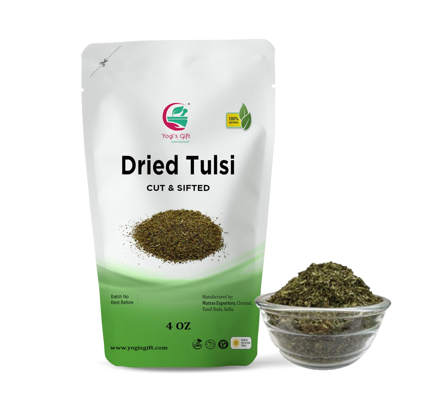 Dried Tulsi | Holy Basil Leaf Tea 4 oz | Relaxing and Calming Tea | 100% Natural | by Yogis Gift