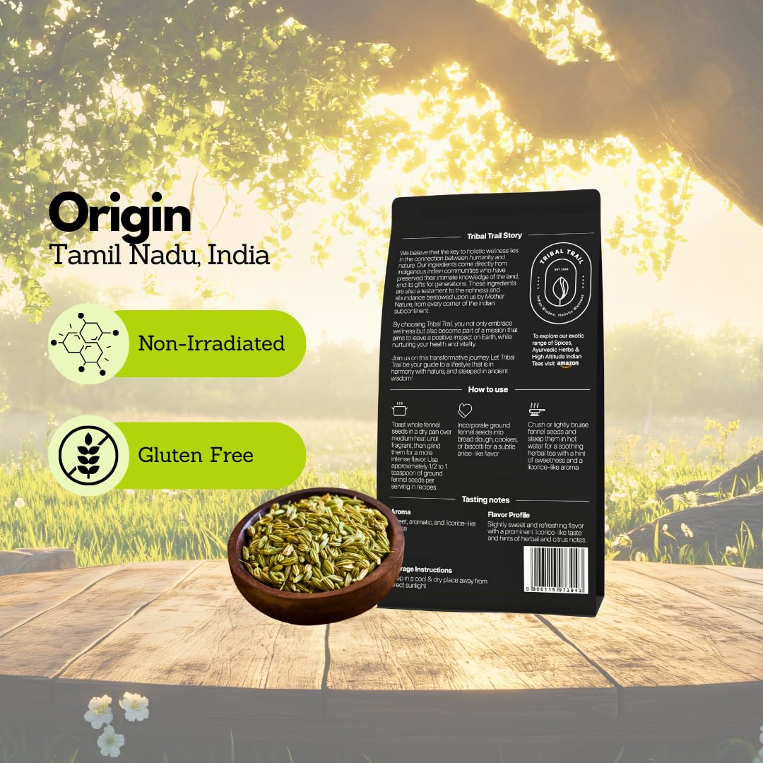 Tribal Trail Fennel Seeds Organic | 4.02 Oz | Usda Organic & Non-Gmo | Indian Origin | Recyclable Kraft Bags | Best For Tea, Smo