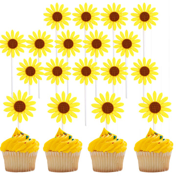 Diyasy Sunflower Cupcake Toppers,30 Pcs Sunflower Cake Topper Kit For Sunflower Birthday Party Decorations Supplies