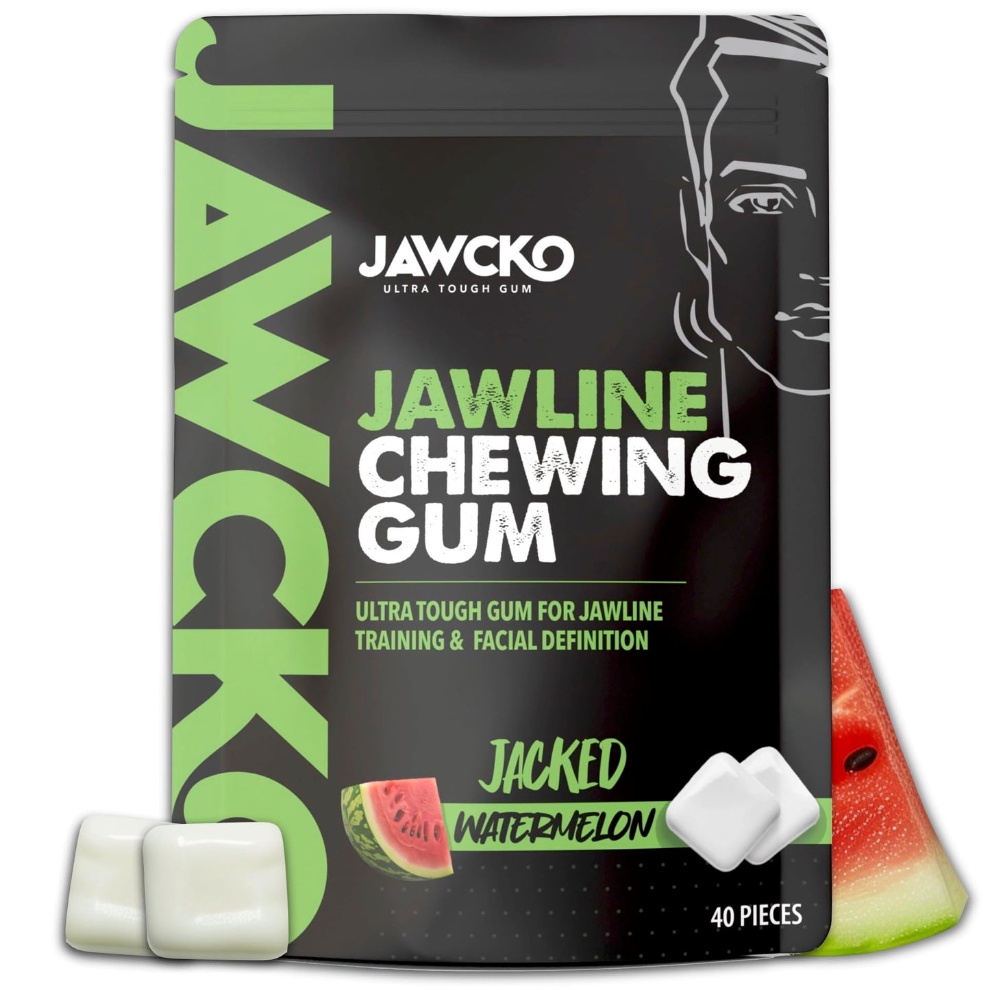 JAWCKO Ultra-Tough Jawline Chewing Gum | Get a Stronger, Squarer Jawline | Watermelon Jaw Training Hard Gum | 15X Strength | Chi