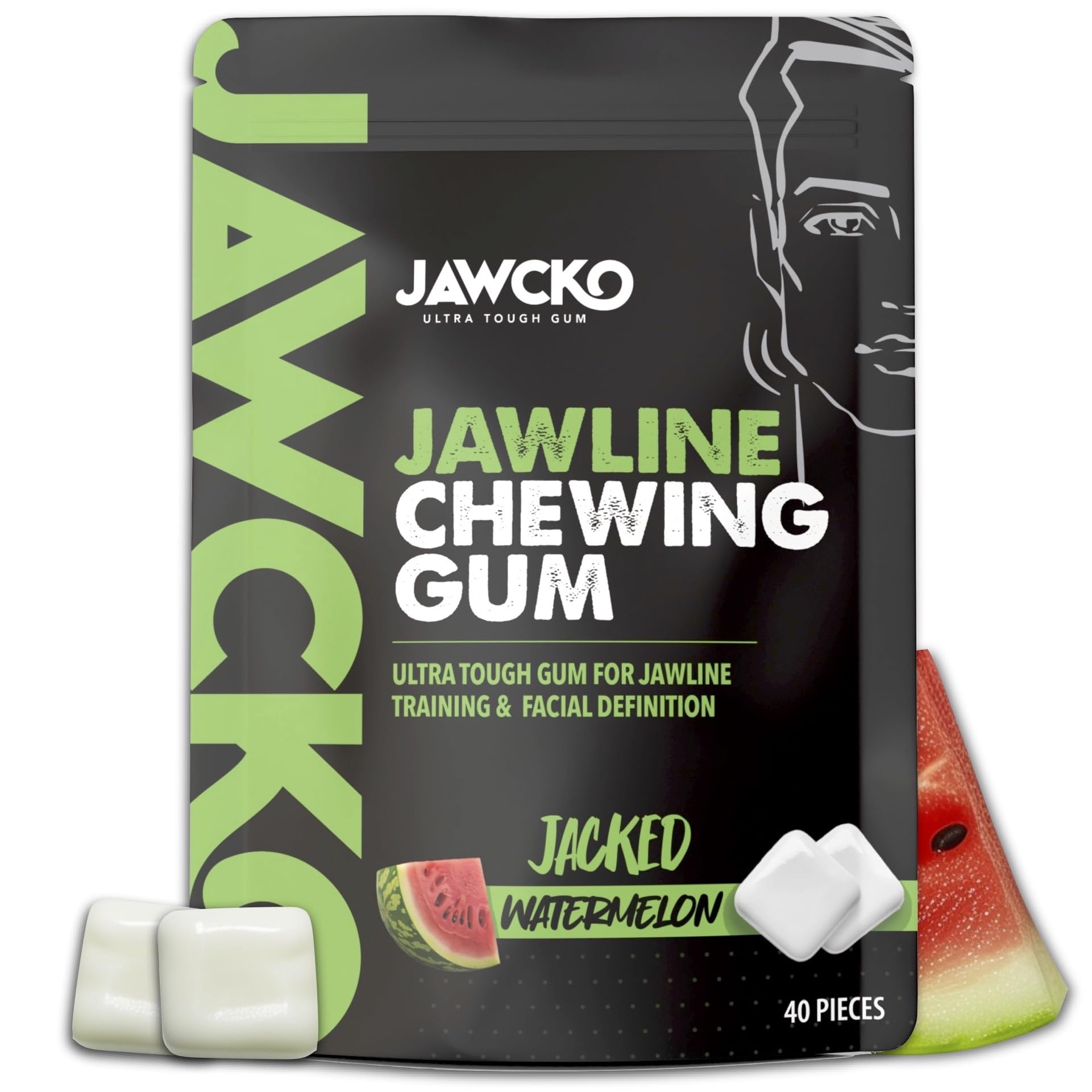 JAWCKO Ultra-Tough Jawline Chewing Gum | Get a Stronger, Squarer Jawline | Watermelon Jaw Training Hard Gum | 15X Strength | Chi