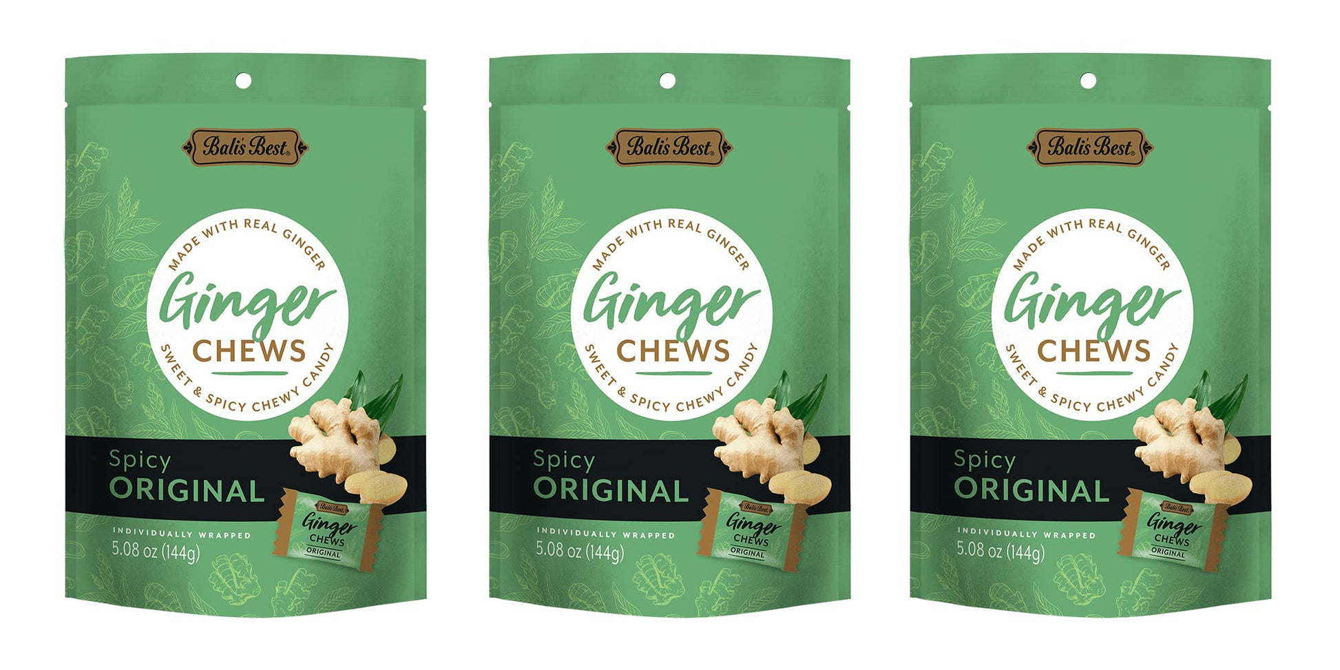 Balis Best Ginger Chews - Spicy Original Ginger Flavor (3 Pack) 100% Real Ginger Sweet Spicy Chewy Ginger Candies 3X 5.08Oz 144G