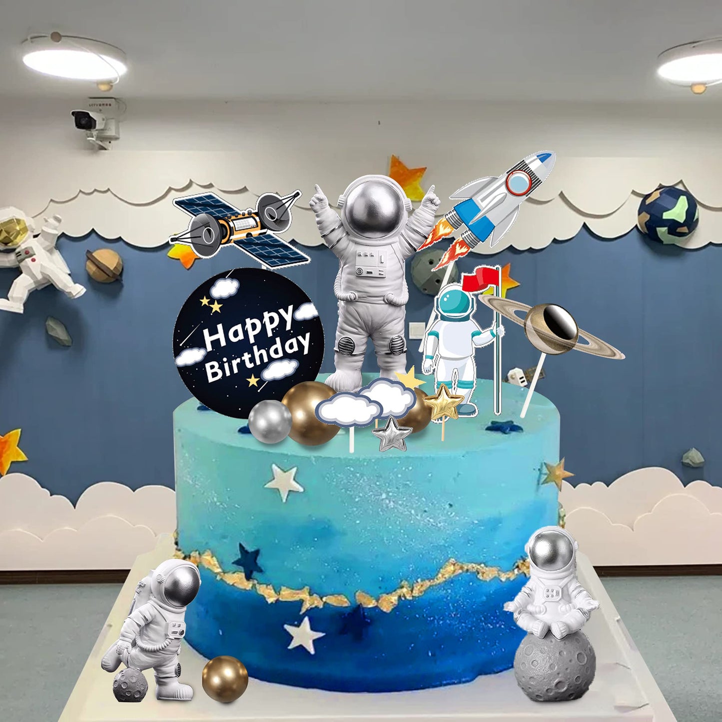 28 Pieces Astronaut Space Cake Toppers Outer Space Astronaut Figurines Planet Rocket Satellite Pearl Balls And Stars Kids Space
