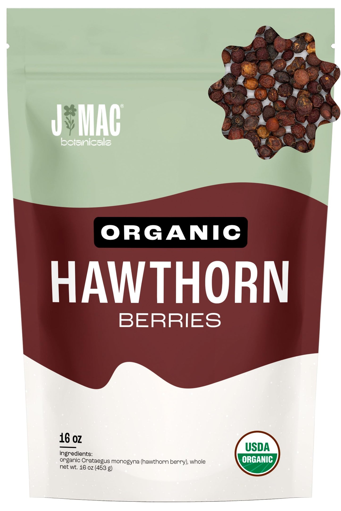 J MAC BOTANICALS Organic Dried Hawthorn Berries Whole, 16 oz, Resealable Bag