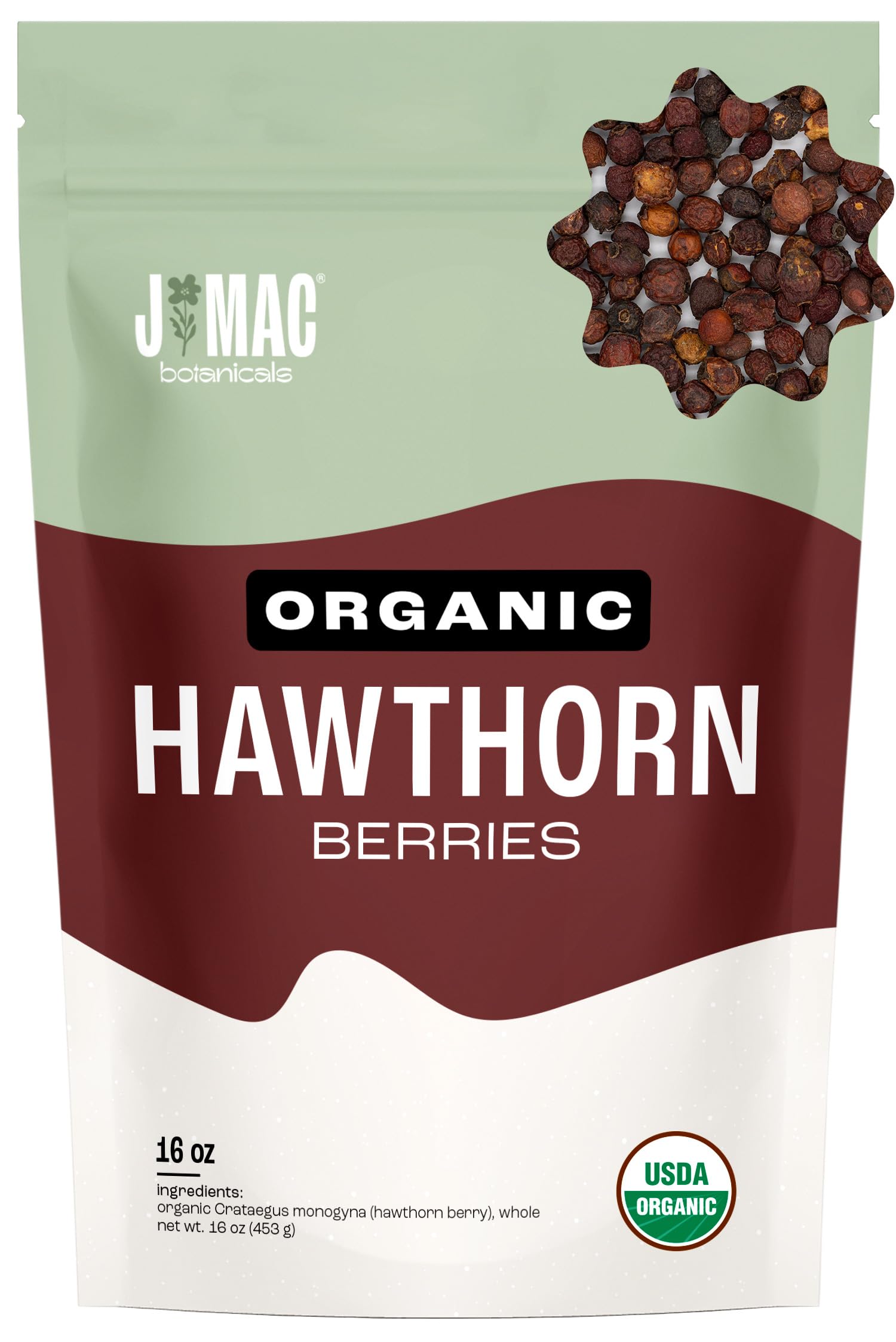 J MAC BOTANICALS Organic Dried Hawthorn Berries Whole, 16 oz, Resealable Bag