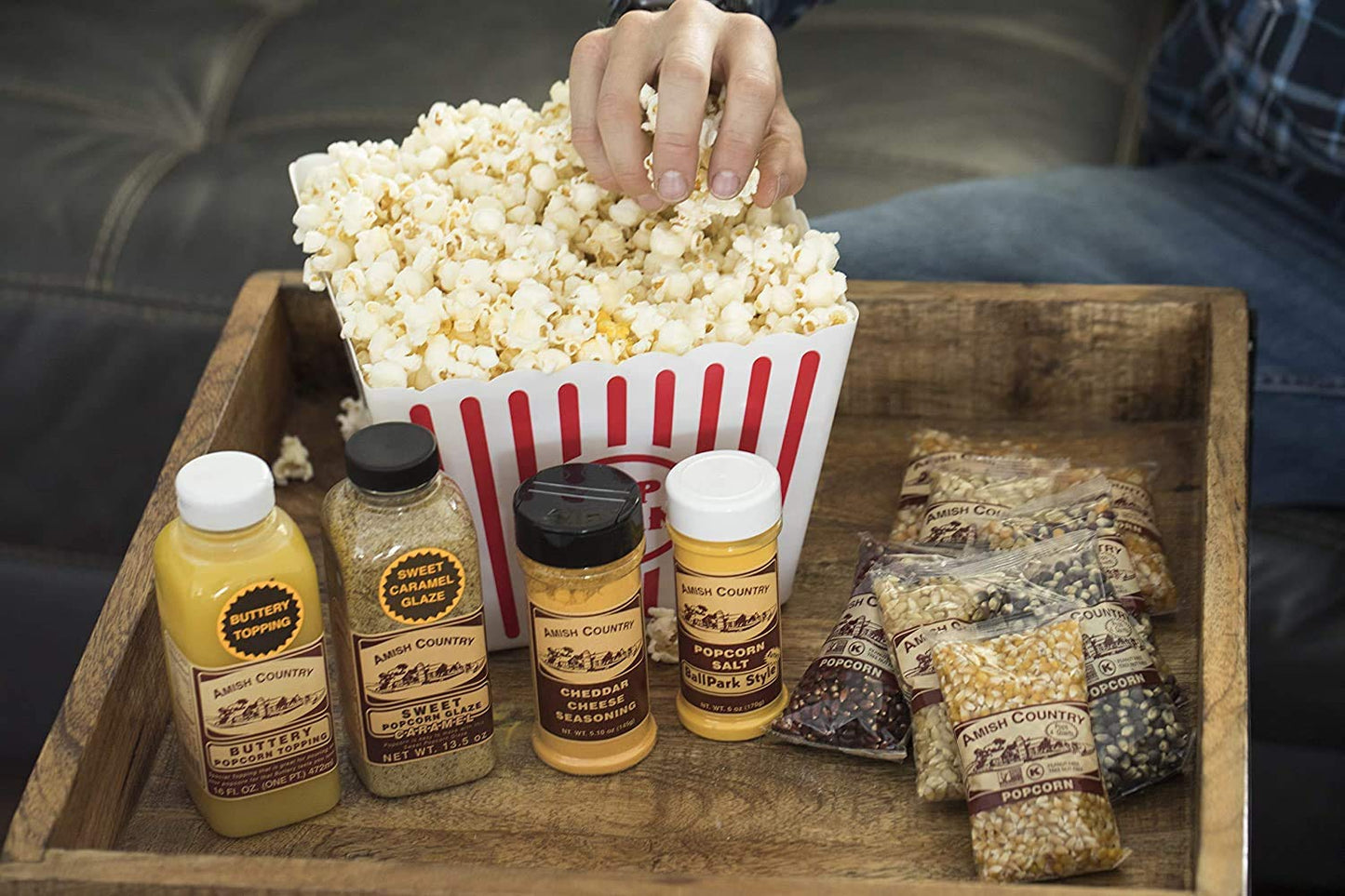 Amish Country Popcorn | 8-4 Ounce Variety Gift Set With Buttery Topping, Sweet Caramel Glaze, Ballpark Salt & Cheddar Cheese Sea