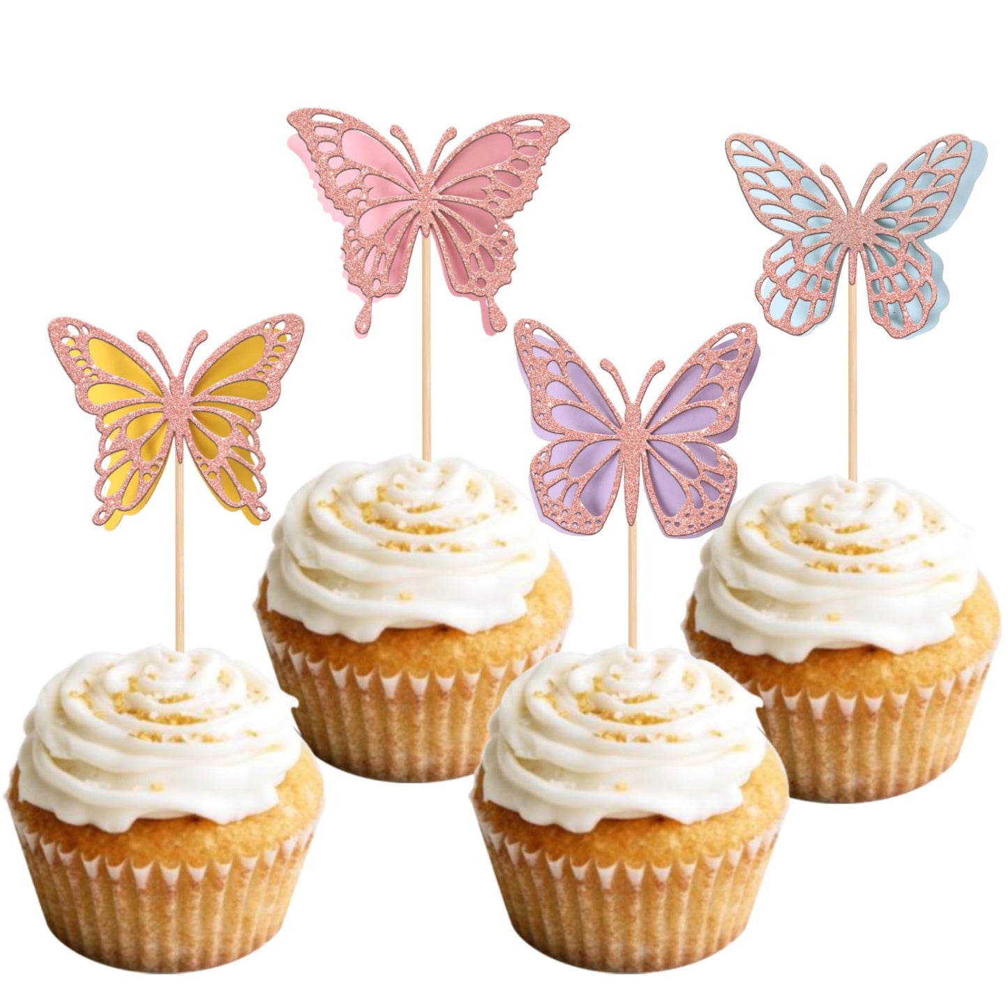 24 Pcs Butterfly Cupcake Toppers Assembled Rose Gold Glitter Double Layers 3D Butterfly Baby Shower Cupcake Food Picks Decoratio