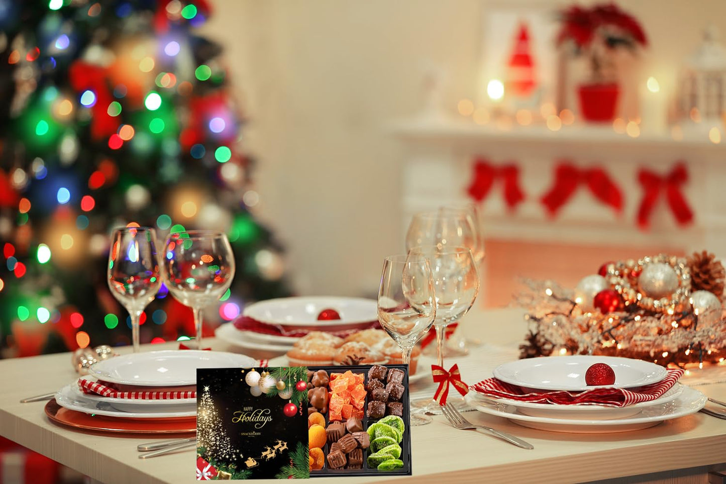 Christmas Premium Fruit & Chocolate Gift Box - Assortment With Chocolate Pecans, Dried Apricots, Kiwi Slices, Papaya, Sea Salt C