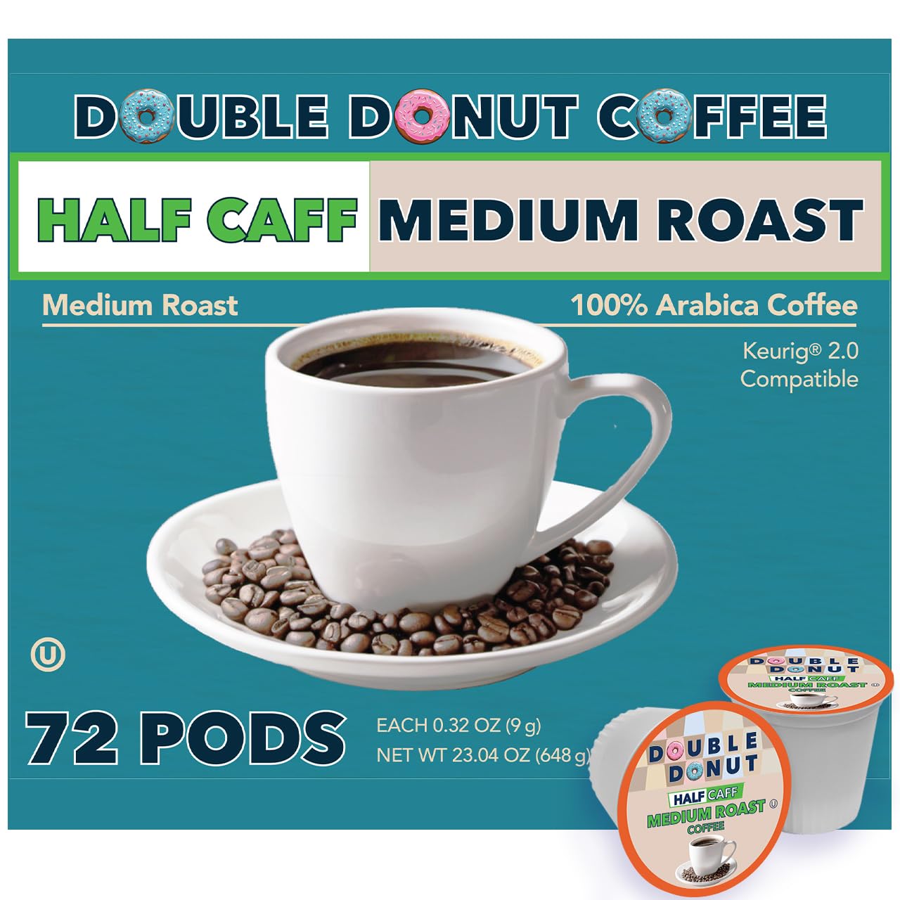 Double Donut Half Caff Coffee Pods  Single Serve Half Energy Blend Coffee Pods For Keurig K Cup Beverage Makers  Medium Roast  72 Count