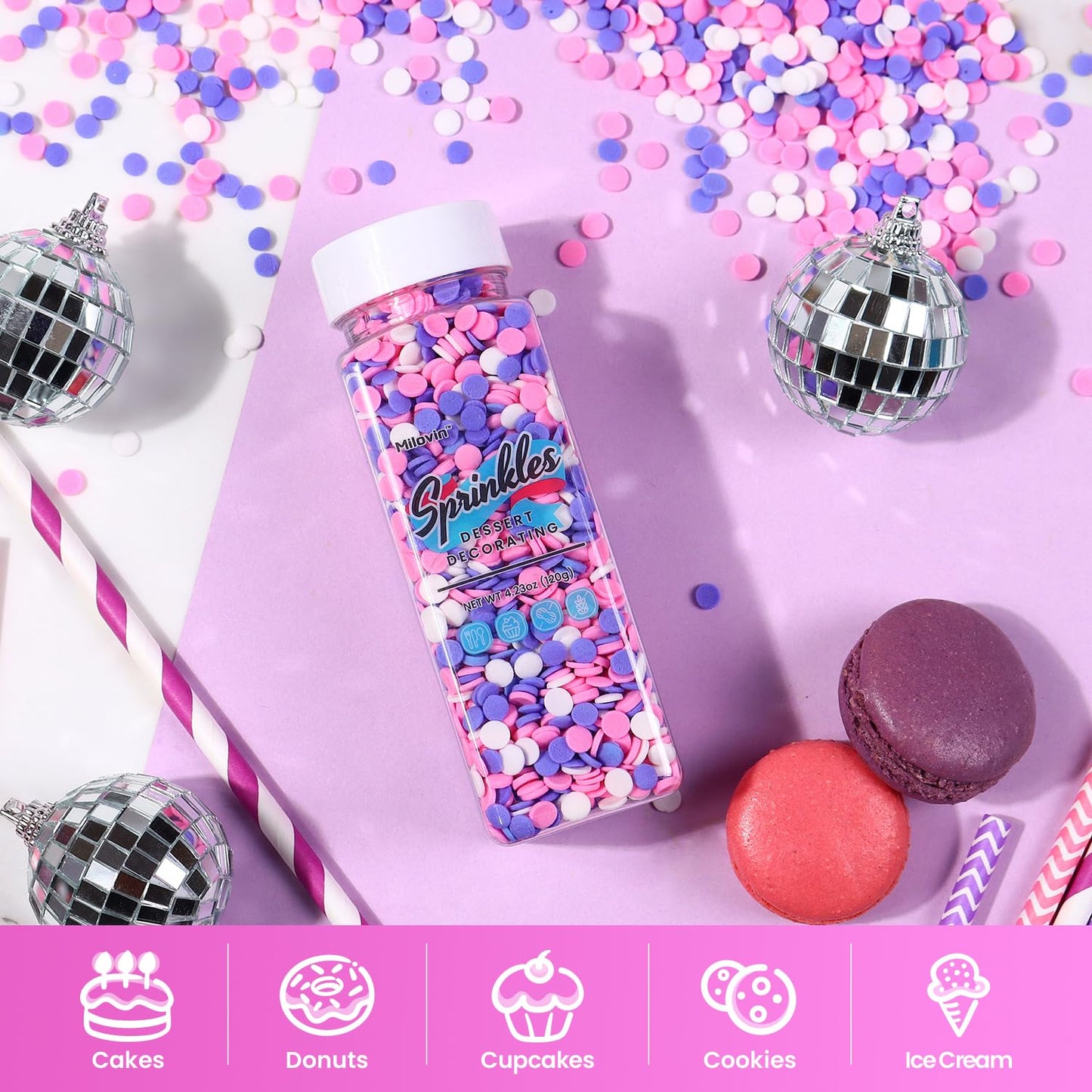 Edible Confetti Sprinkles For Cake Decorating, Round Sprinkles, Purple, Pink And White Sprinkles For Baking, Cupcakes, Macarons,