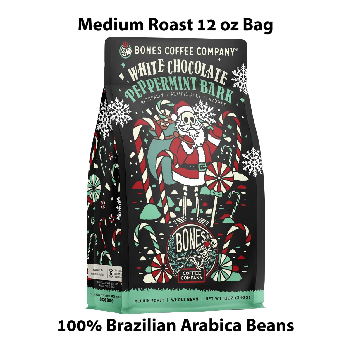 Bones Coffee Company White Chocolate Peppermint Bark Flavored Coffee, Medium Roast Low Acid Arabica Beans Compatible with Auto d