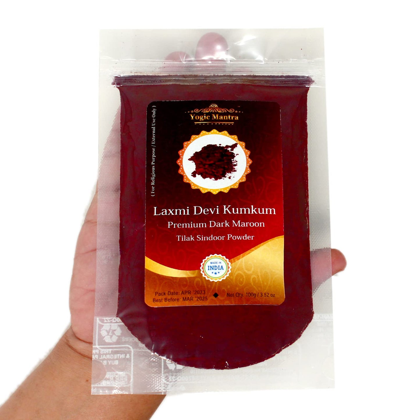 Yogic Mantra Kumkum Powder (100G Resealable Pouch) Premium Dark Red Maroon Color Sindoor Ceremonial Mark Sindur Laxmi Devi Hindu