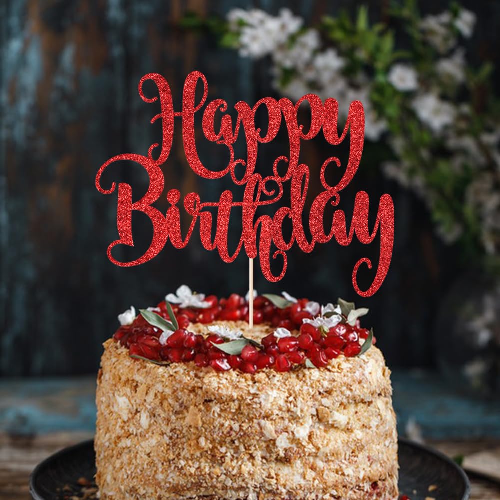 Fmiyuneea Happy Birthday Cake Topper- Glitter Happy Birthday Cake Decor, Handmade Anniversary/Birthday Party Supplies (Red)