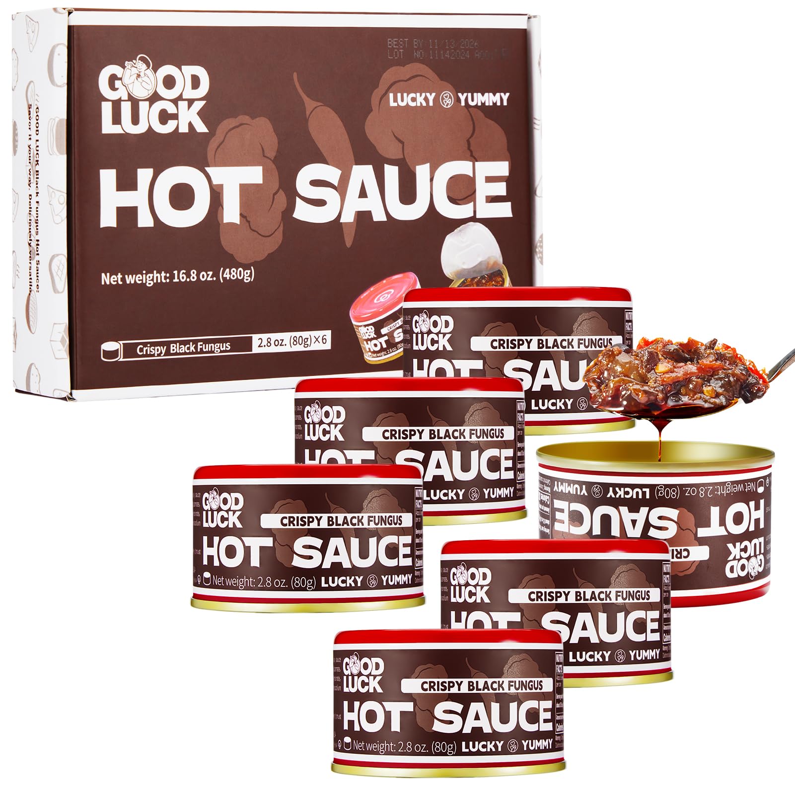 GOOD LUCK Hot Sauce, Unique Instant Crispy Black Fungus Chili Sauce, Spicy Chili Oil and Chili Paste with Chili Pepper, Soy Sauc