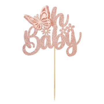 Gyufise 1Pcs Butterfly Oh Baby Cake Topper Rose Gold Glitter Baby Shower Butterfly Cake Pick Decorations For Gender Reveal Baby
