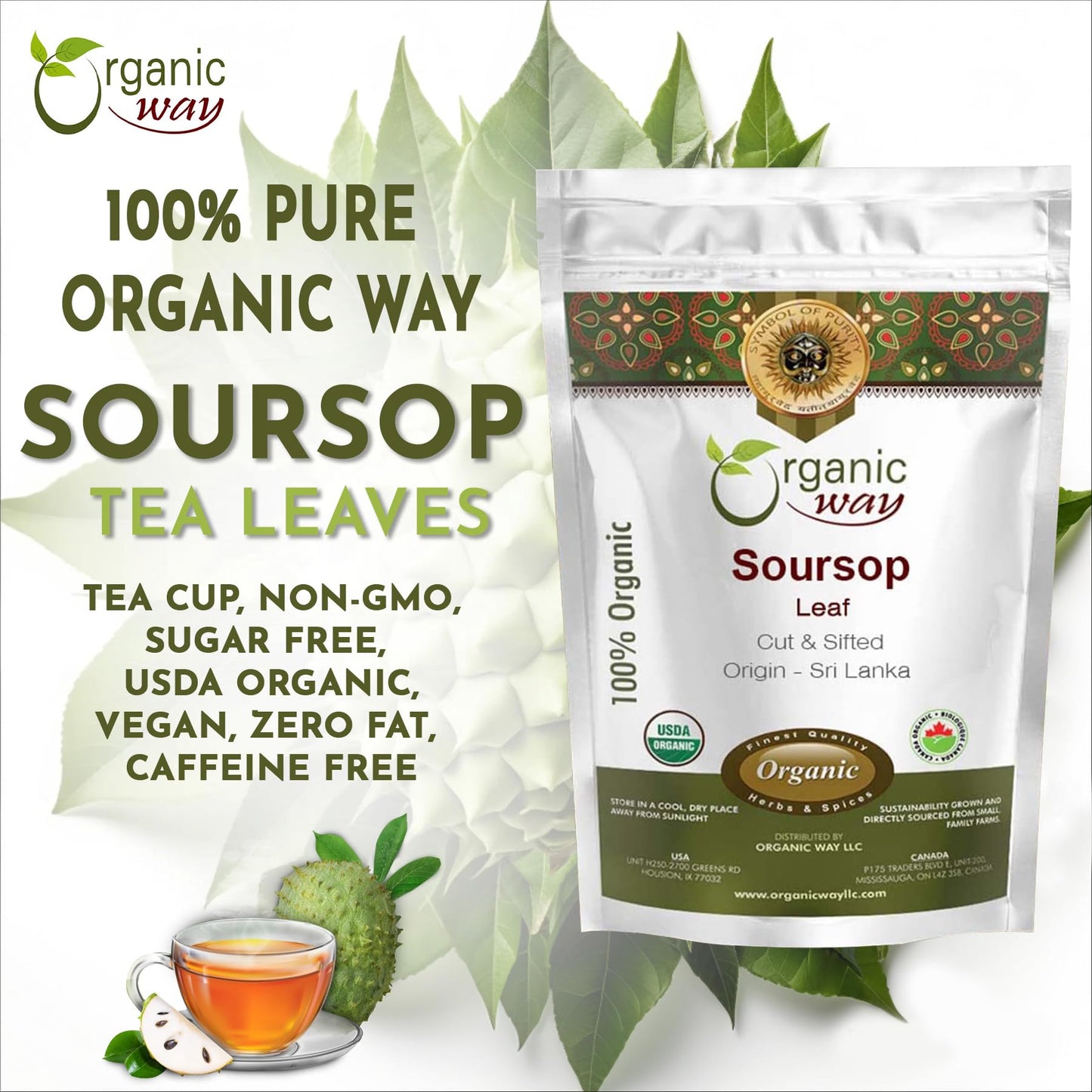 Organic Way Dried Soursop Leaf Coarse Cut (Annona Muricata) - Herbal Tea | Vegan, Non Gmo & Gluten Free | Resealable Bag | 100%