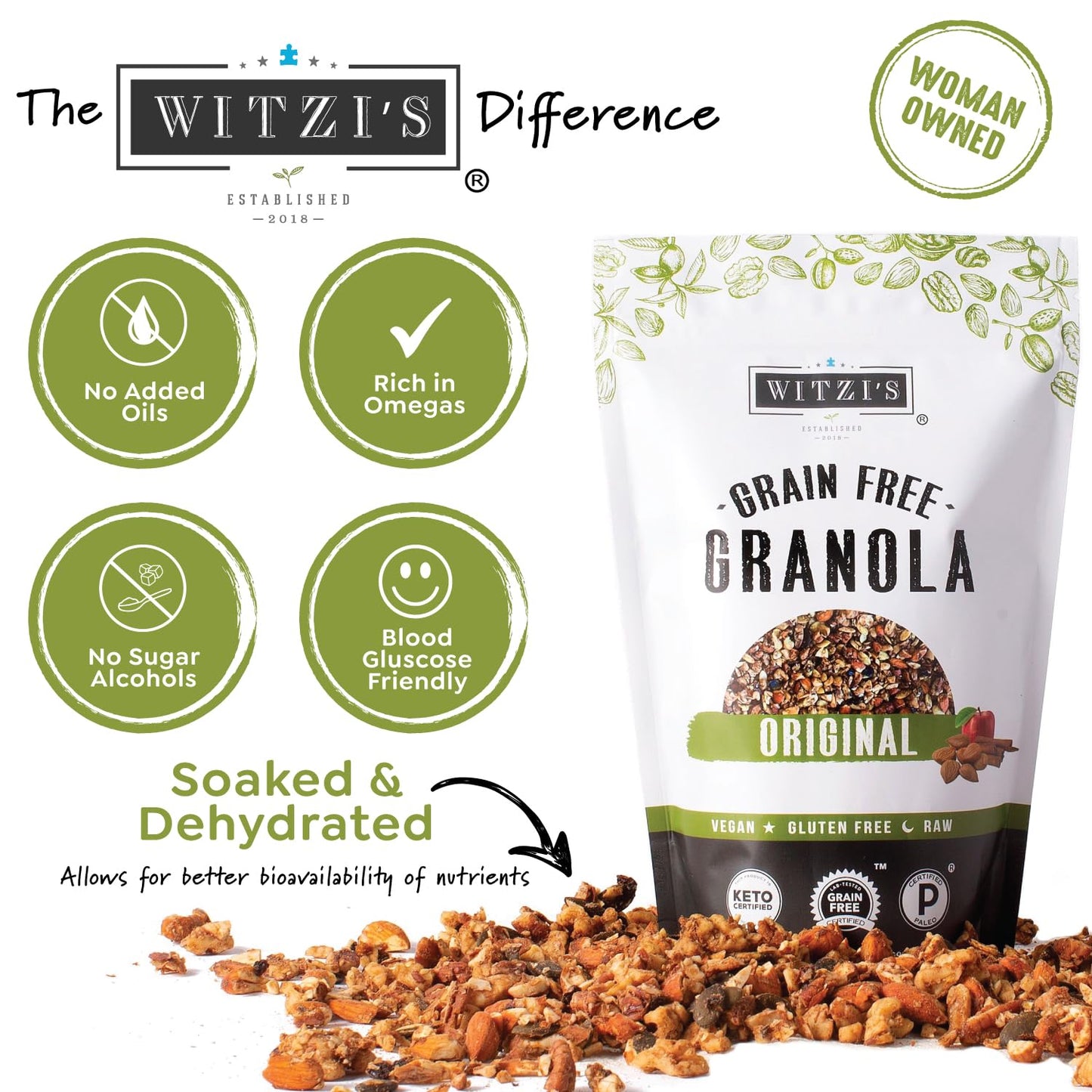 Witzi'S Grain Free Granola, Original, 5Oz (Pack Of 3), Made With Almonds, Apples & Cinnamon, Vegan, Keto, Gluten Free, Healthy S