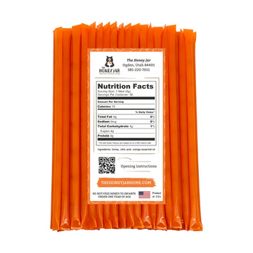 The Honey Jar Orange Flavored Honey Sticks - Pure Honey Straws For Tea, Coffee, Or A Healthy Treat - One Teaspoon Of Flavored Ho