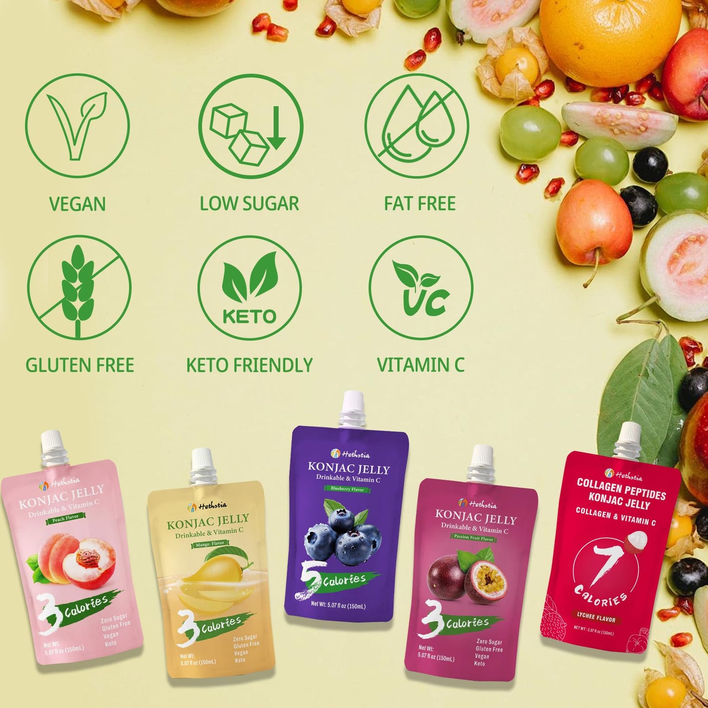 Hethstia Konjac Jelly Pouch Drinkable Variety Pack - Low Calorie, Gluten-Free, Vegan, Keto, Vitamin C, 10 Pack - Lychee, Blueber