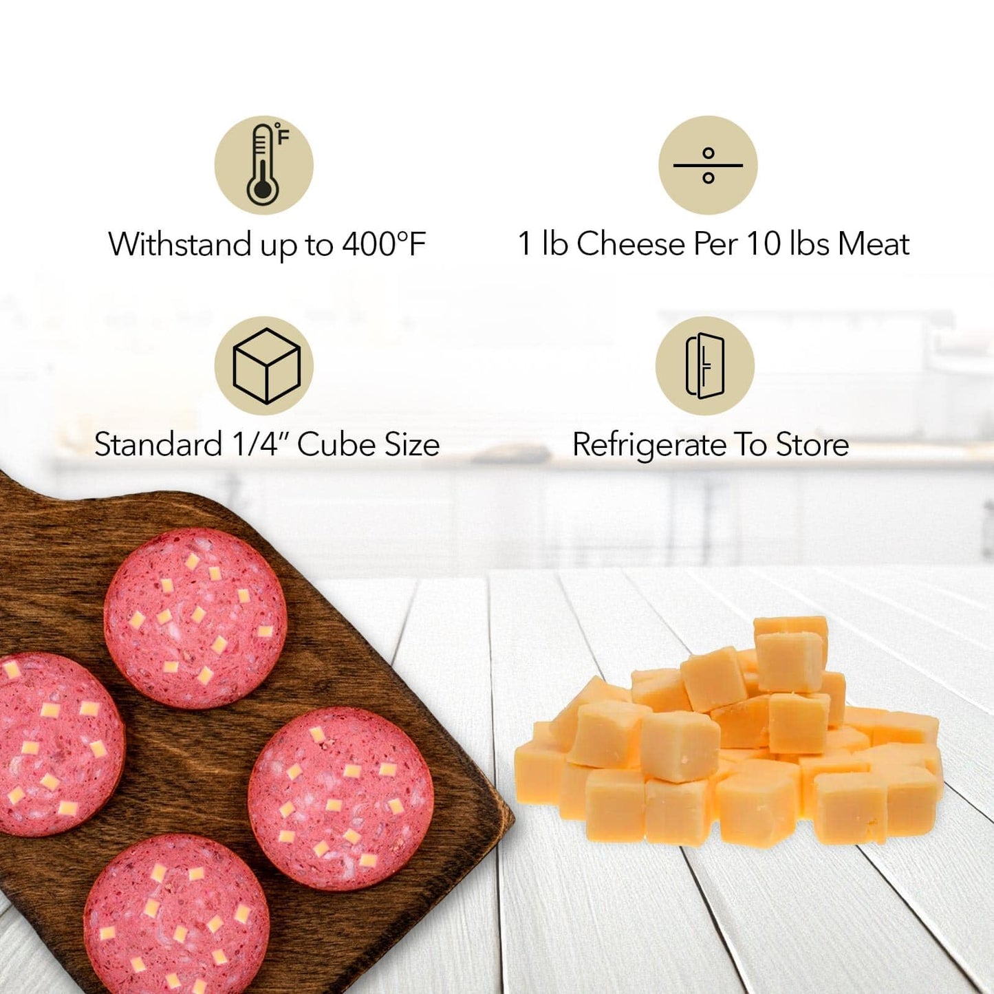 The Sausage Maker® Hi-Temp Cheddar Cheese, 20 lbs, 1/4 Diced Cubes, 400° for Sausage Making and Grilling